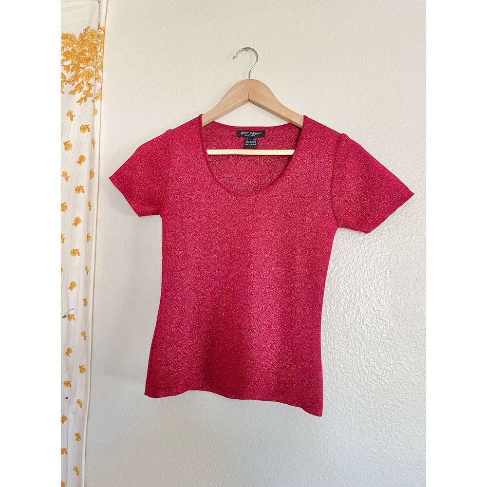 Vintage Y2K Betsey Johnson Metallic Raspberry Sparkle Baby Tee Top M - Picture 2 of 5
